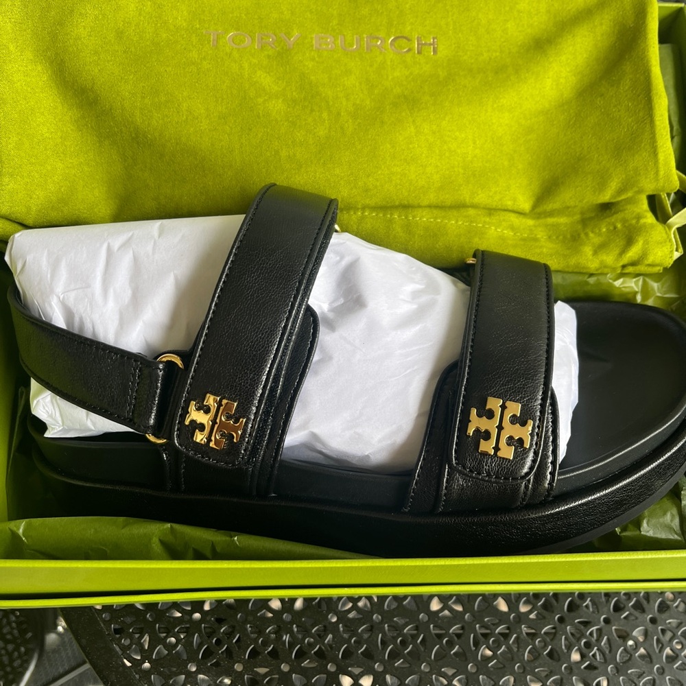 Tory Burch Black Slides with Gold Emblem